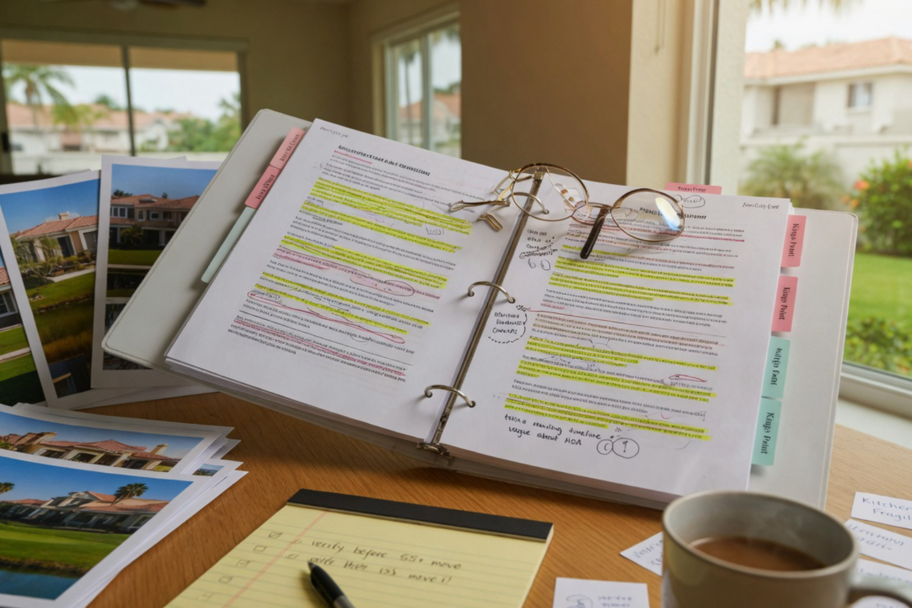An older couple reviews documents together at a wooden table in warm sunlight.