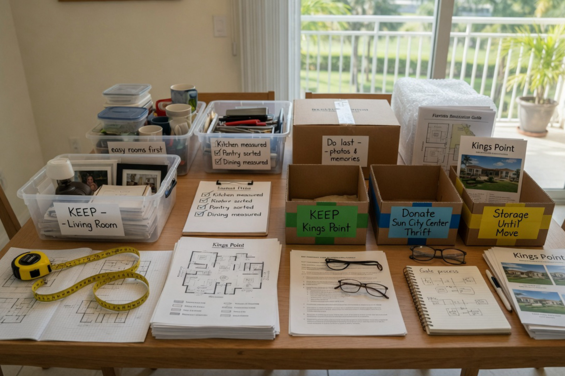 A organized moving checklist with labeled boxes and downsizing categories arranged on a bright white surface in natural light.