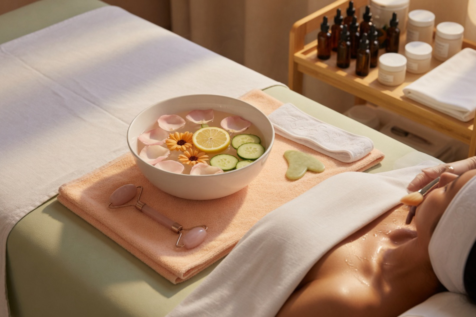 A person receives a facial treatment with gentle hands applying skincare product to their face in warm natural light.