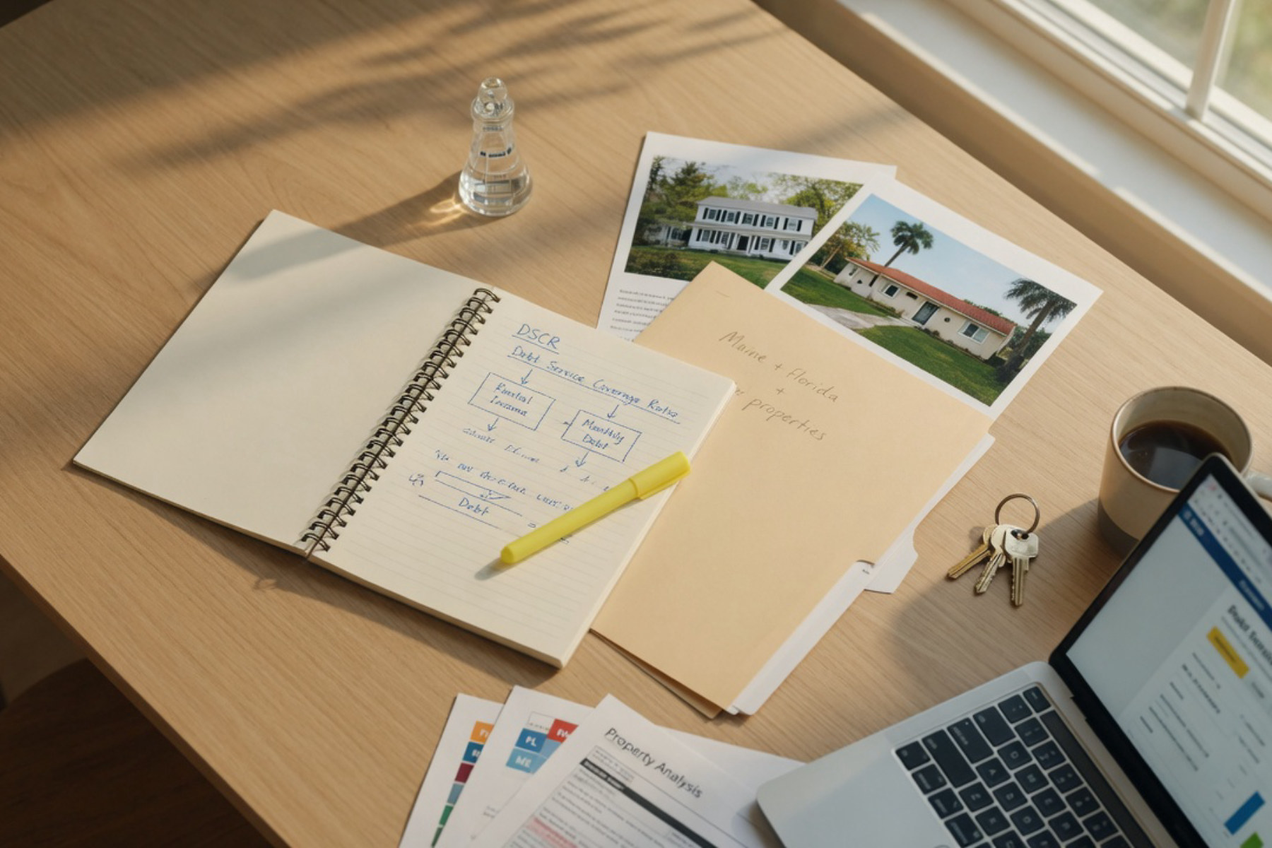 A person reviews financial documents and a calculator on a wooden desk bathed in warm sunlight.