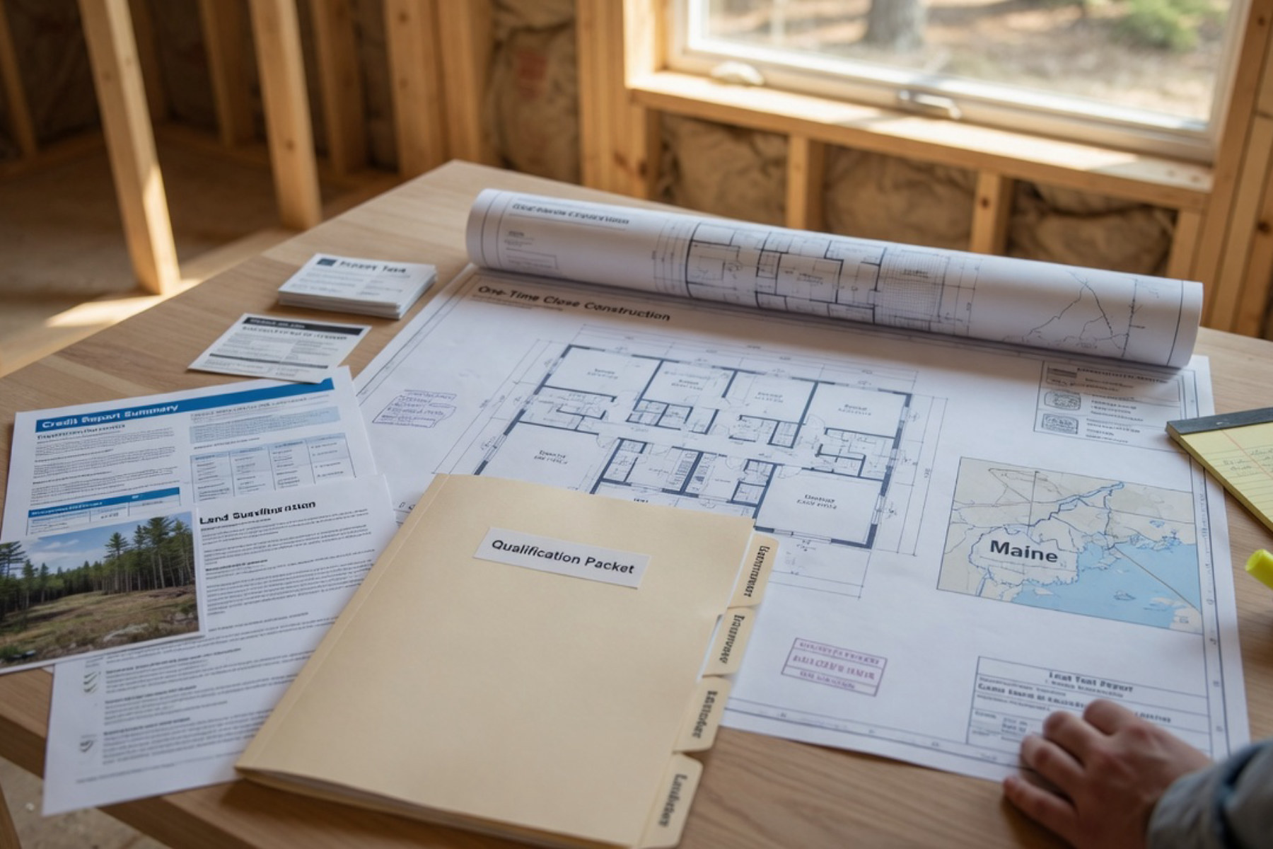 A person reviews construction documents and blueprints at a wooden desk in natural daylight.