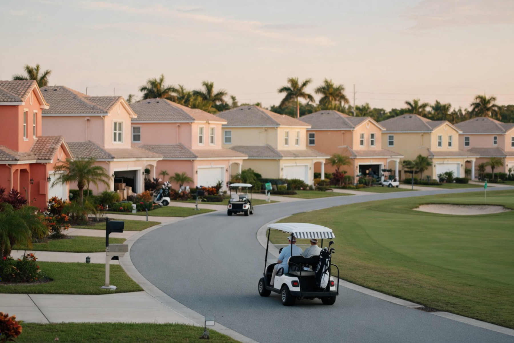 A golf cart parked on a sunny street lined with palm trees and residential homes in a Florida retirement community.