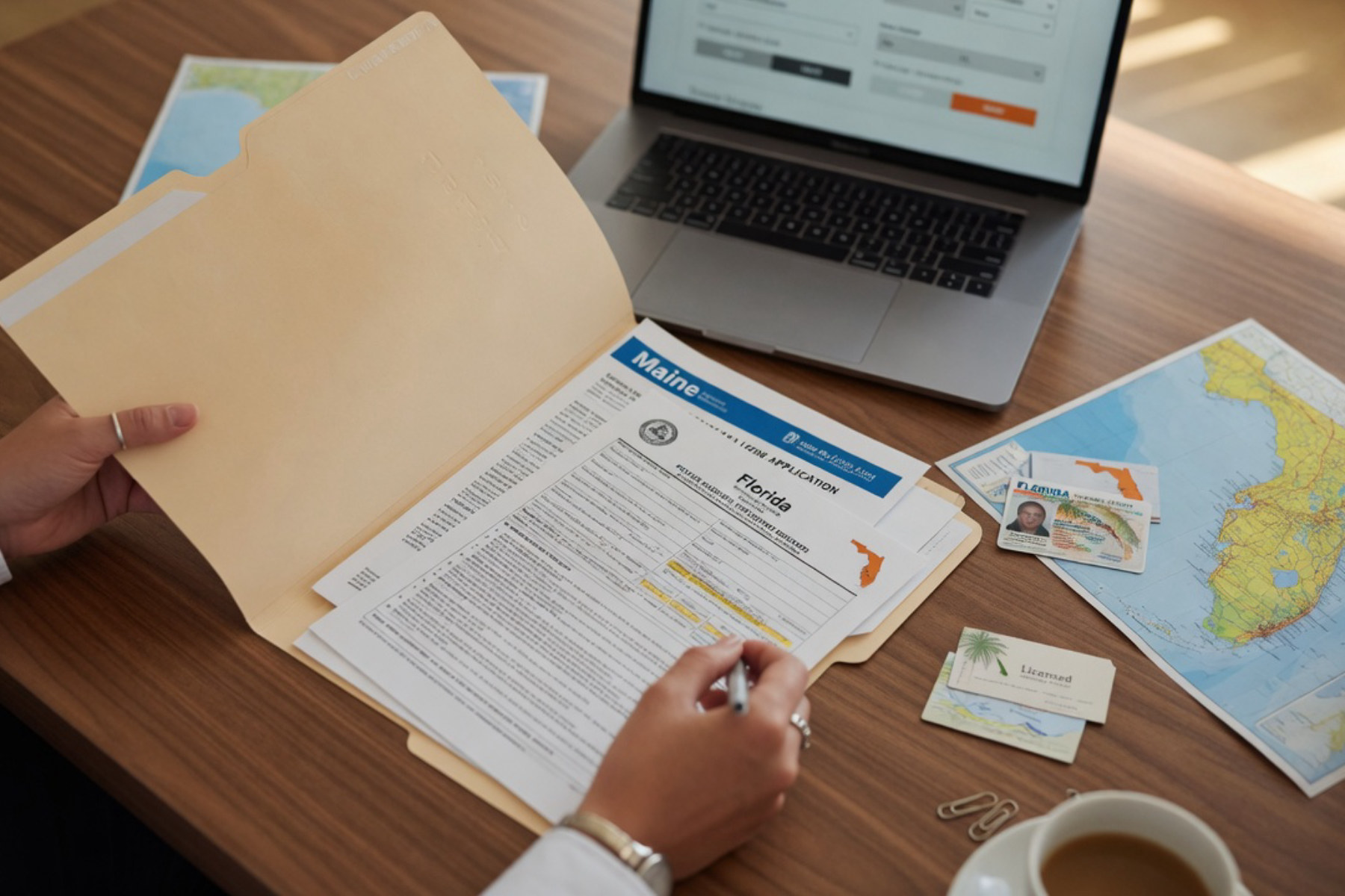 A licensed mortgage broker reviews loan documents with a client at a bright modern desk bathed in warm natural light.