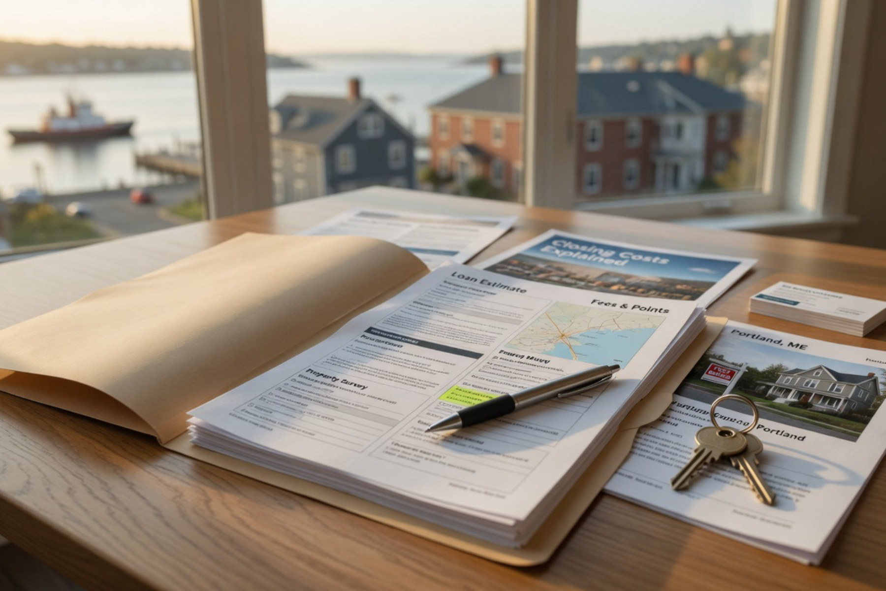 A person's hand holds a pen while reviewing mortgage documents and a calculator on a wooden desk in warm natural light.