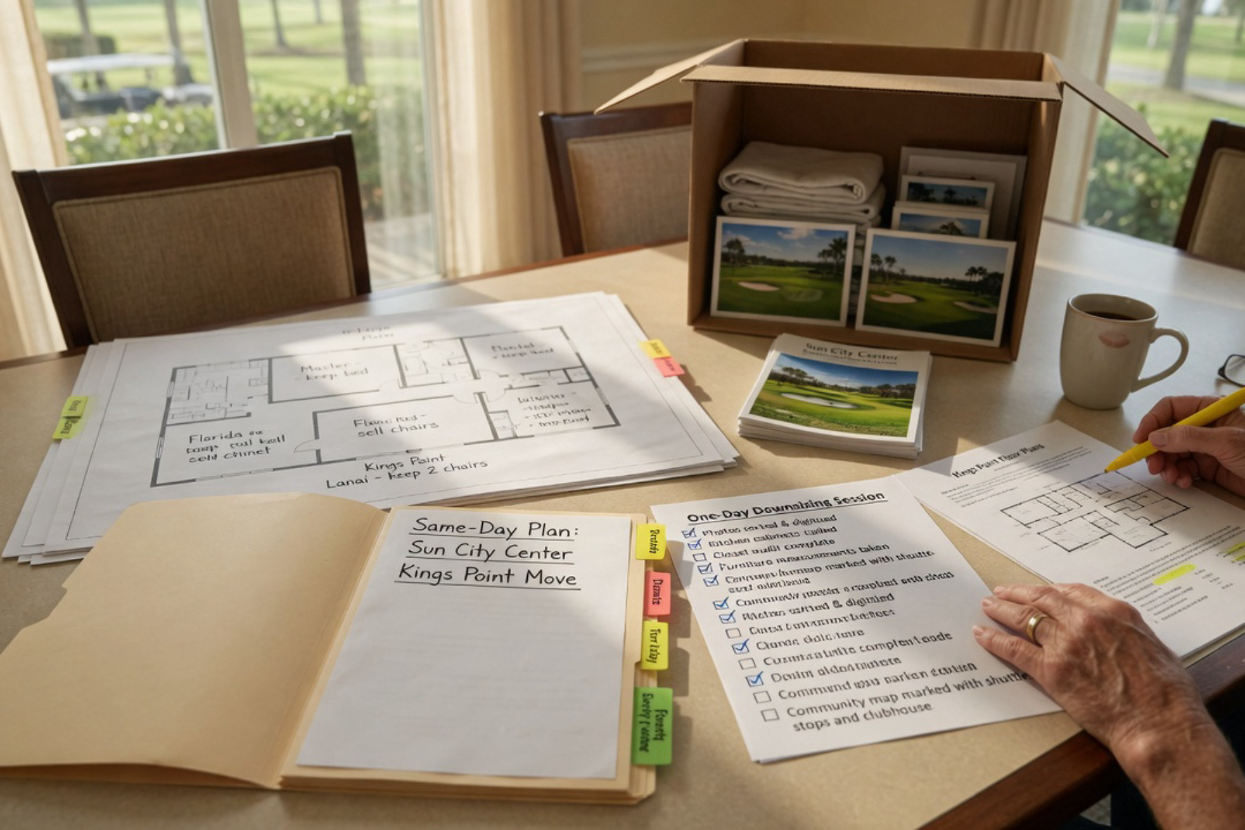 A senior woman and man stand together reviewing documents at a wooden table in warm natural light.
