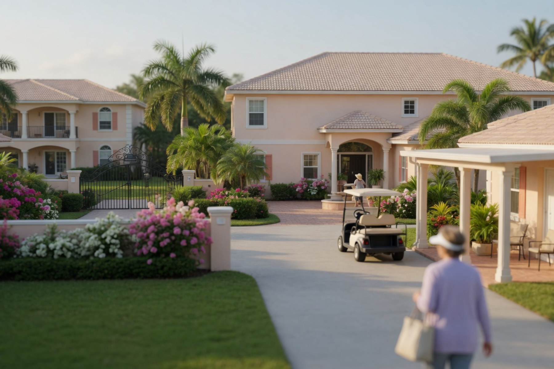 A modern residential community features low-rise buildings and manicured landscaping under bright Florida sunshine.