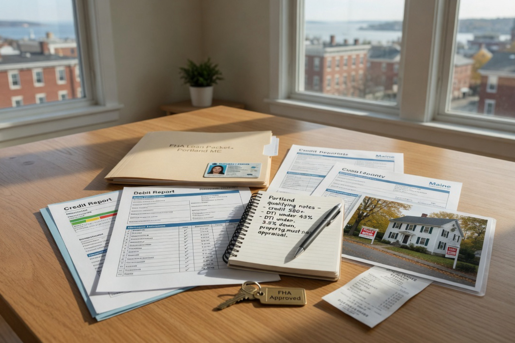 A person reviews financial documents at a desk bathed in warm natural light.