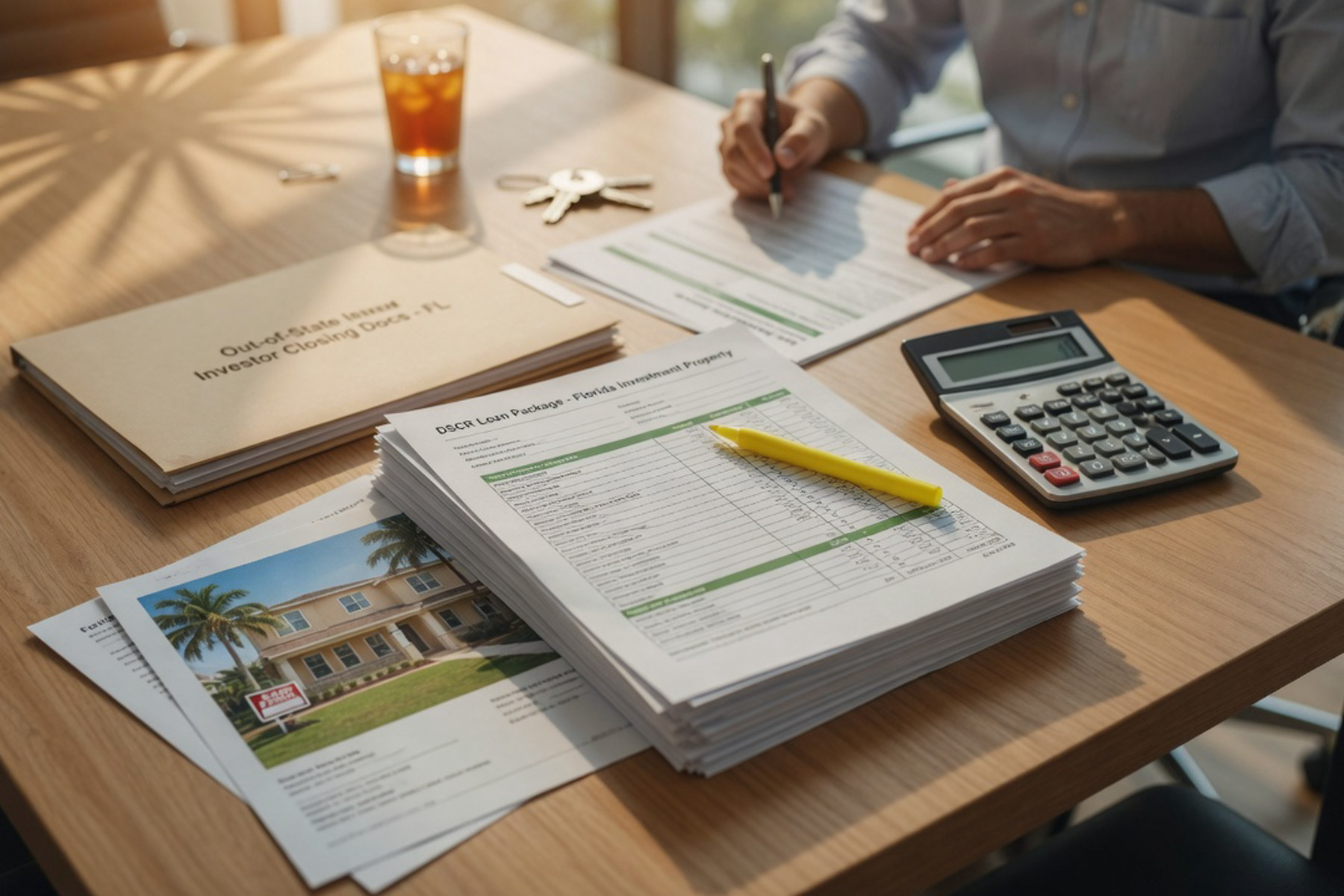 A person reviews financial documents and a calculator on a wooden desk in warm natural light.